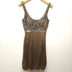 Sue Wong Dress Womens 4 Brown Silk Sleeveless Sequin Bead Nocturne Cocktail Deco